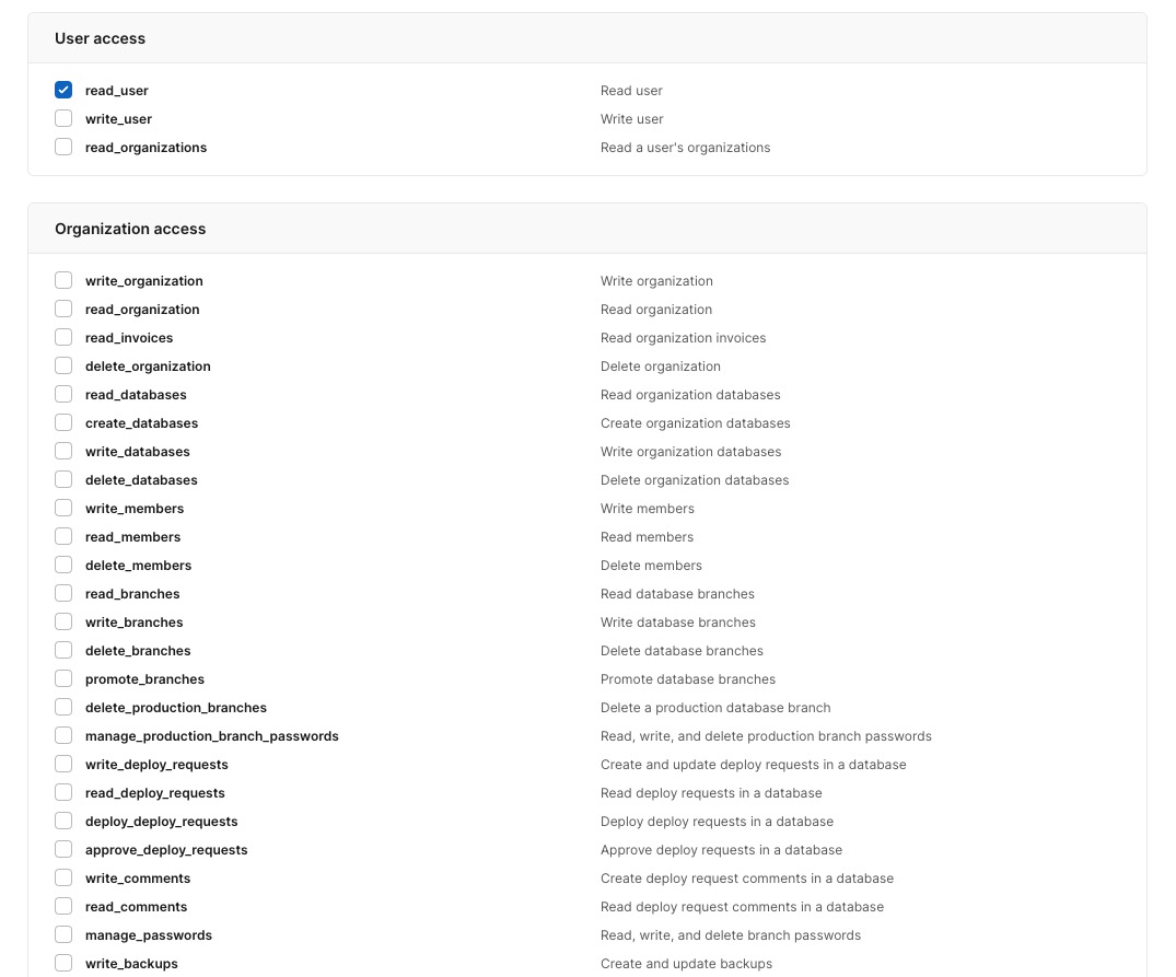 Shows the UI of access scopes located inside an OAuth application in PlanetScale