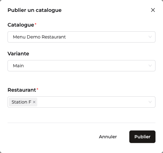 Fenêtre de publication d'un catalogue