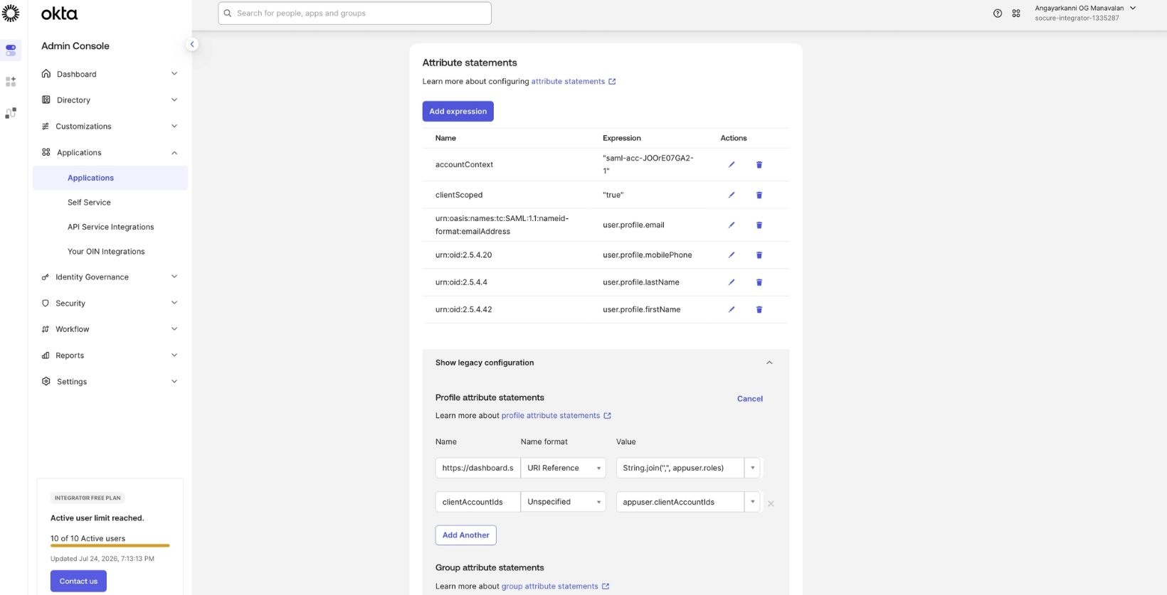 Okta expression editor for mapping the clientAccountIds attribute