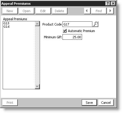 From Fundraising, select Set up tables > Appeals, highlight an Appeal and click Premiums