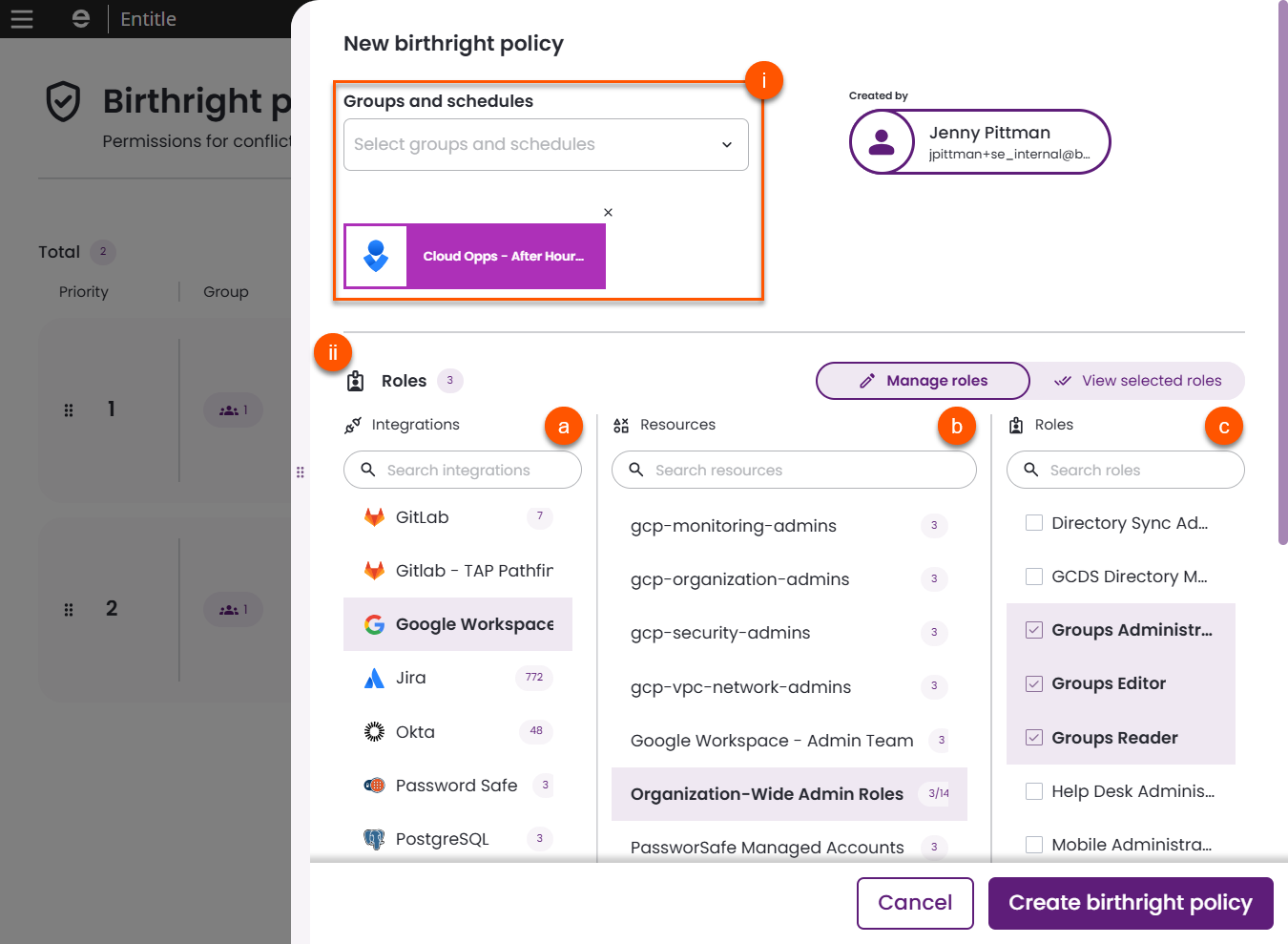Birthright policy form showing group selection and role assignment across integrations, resources, and roles panels.