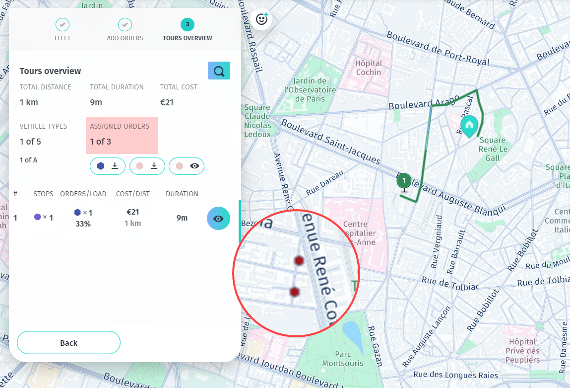 A solution with unassigned jobs due to the reachability constraint
