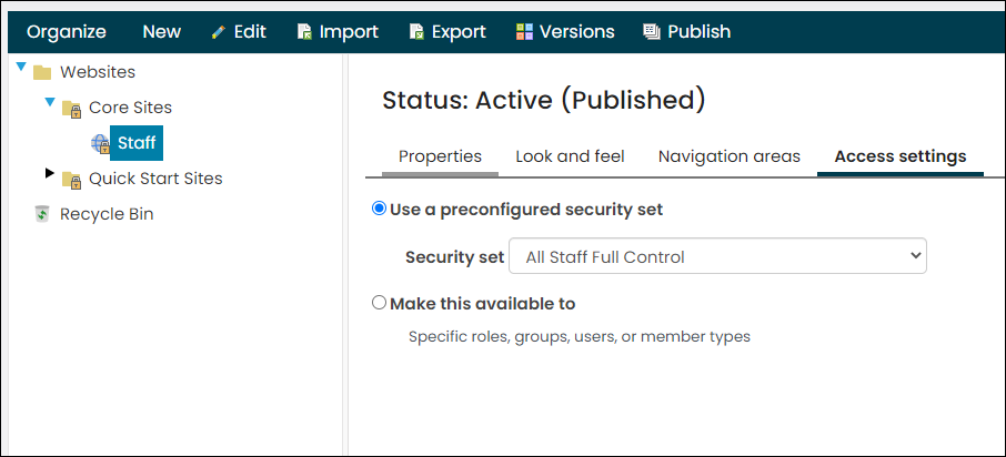 Setting the OIDC website access settings to All Staff Full Control