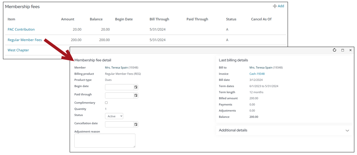 selecting a membership fee item to open the membership fee detail