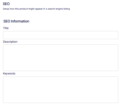 Screenshot of the SEO section of a product entry showing Title, Description, and Keywords fields.