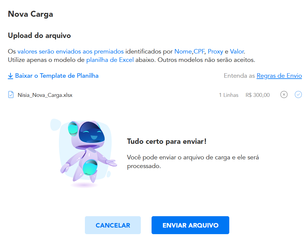 Seleção e envio de planilha