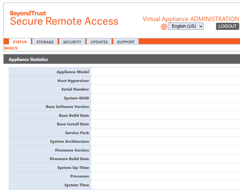 BeyondTrust Secure Remote Access interface showing the Virtual Appliance Administration page. The page includes tabs for Status, Storage, Security, Updates, and Support. The 'Basics' section under the Status tab is selected, displaying a table titled 'Appliance Statistics' with fields such as Appliance Model, Host Hypervisor, Serial Number, System GUID, Base Software Version, Base Build Date, Base Install Date, Service Pack, System Architecture, Firmware Version, Firmware Build Date, System Up-Time, Processes, and System Time.