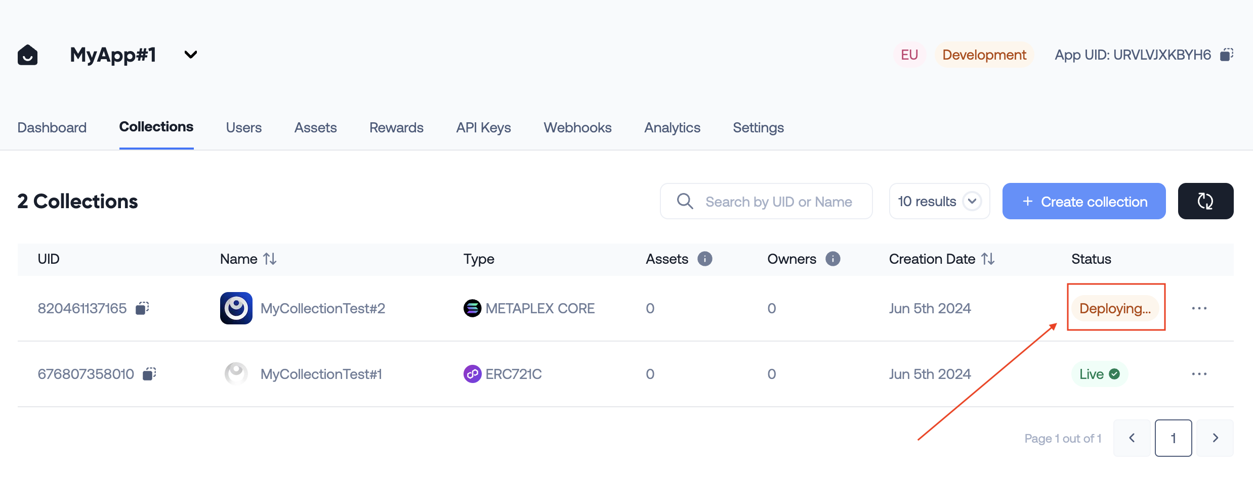 Collection table - collection with status 'deploying'