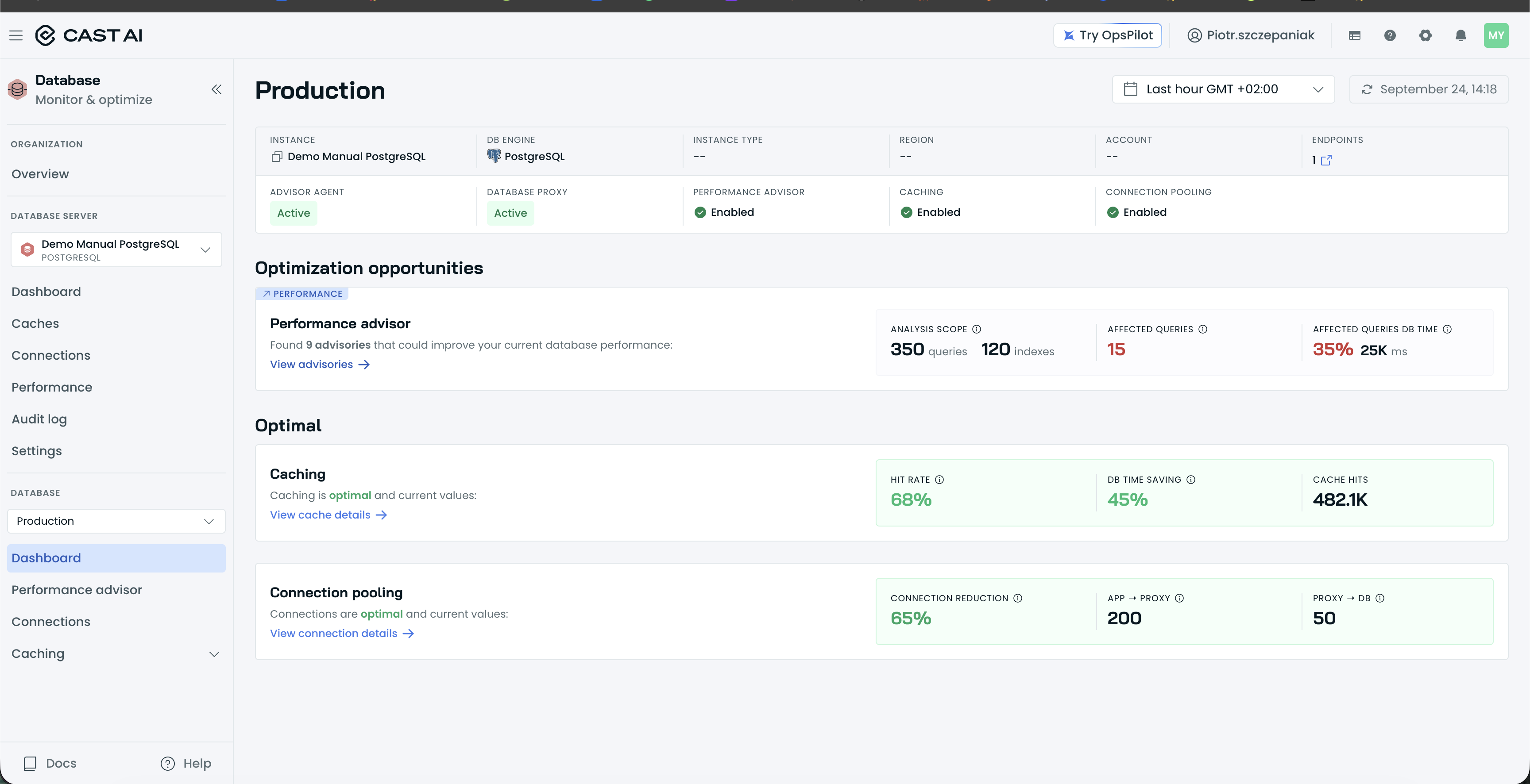 Database dashboard with the header tiles, the status row, and the Optimization opportunities and Optimal sections