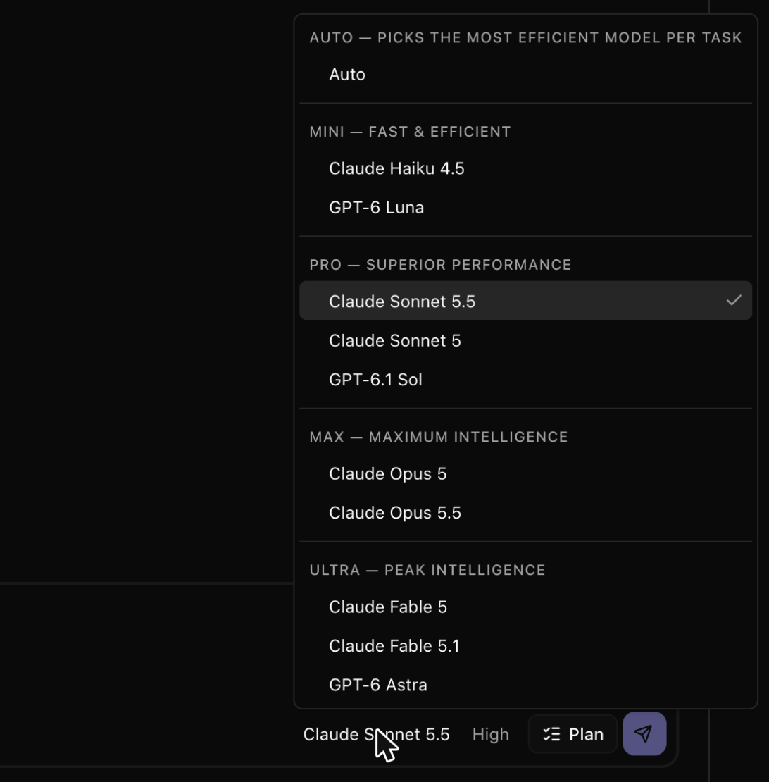The model picker, grouped into Auto, Mini, Pro, Max and Ultra