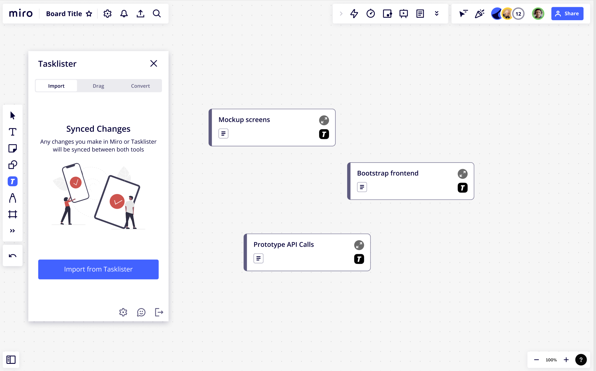 Figure 7. App card items created on a Miro board for the tasks that the user selected to import from the third-party tool.