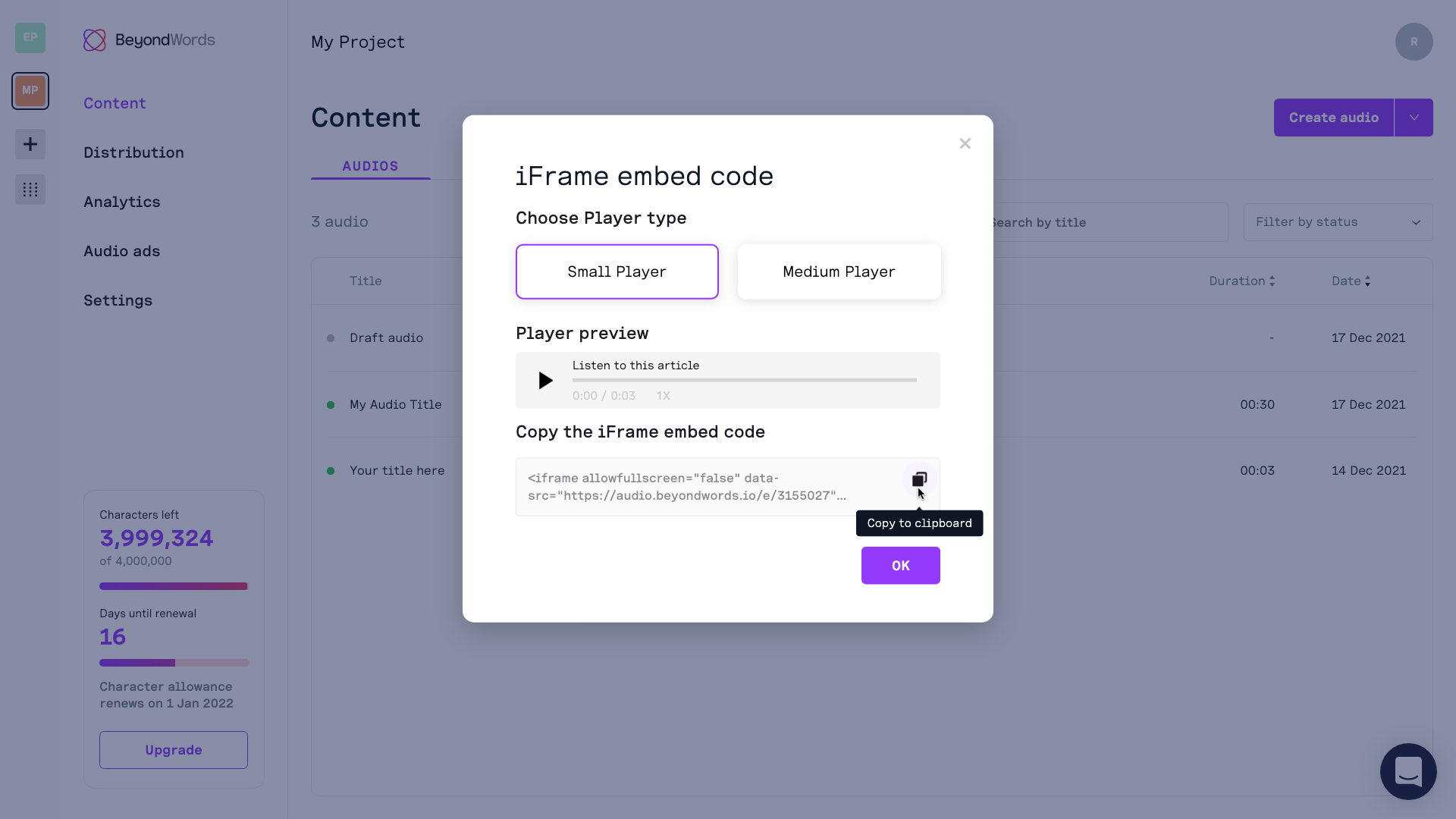 Copy iFrame embed code for Small Player - BeyondWords.png