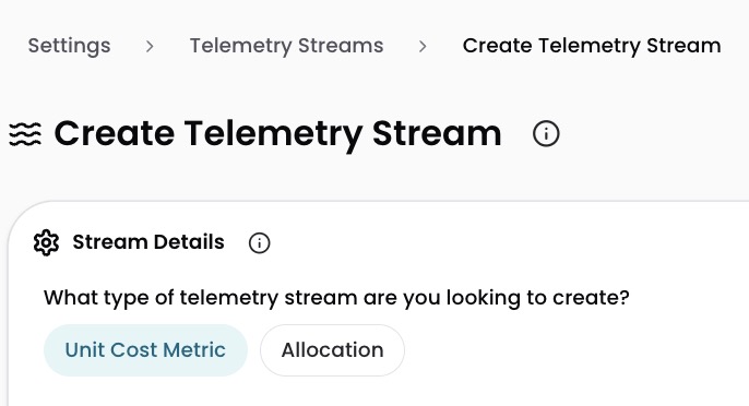 Create New Stream options showing Unit Cost Metric and Allocation Stream