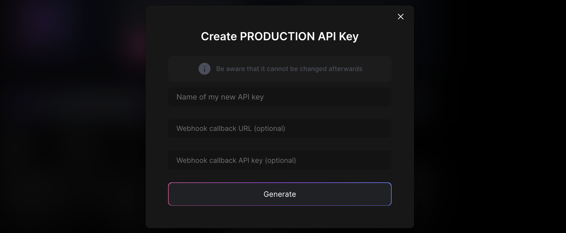 Webhook URL and webhook API key is set during production API key creation.