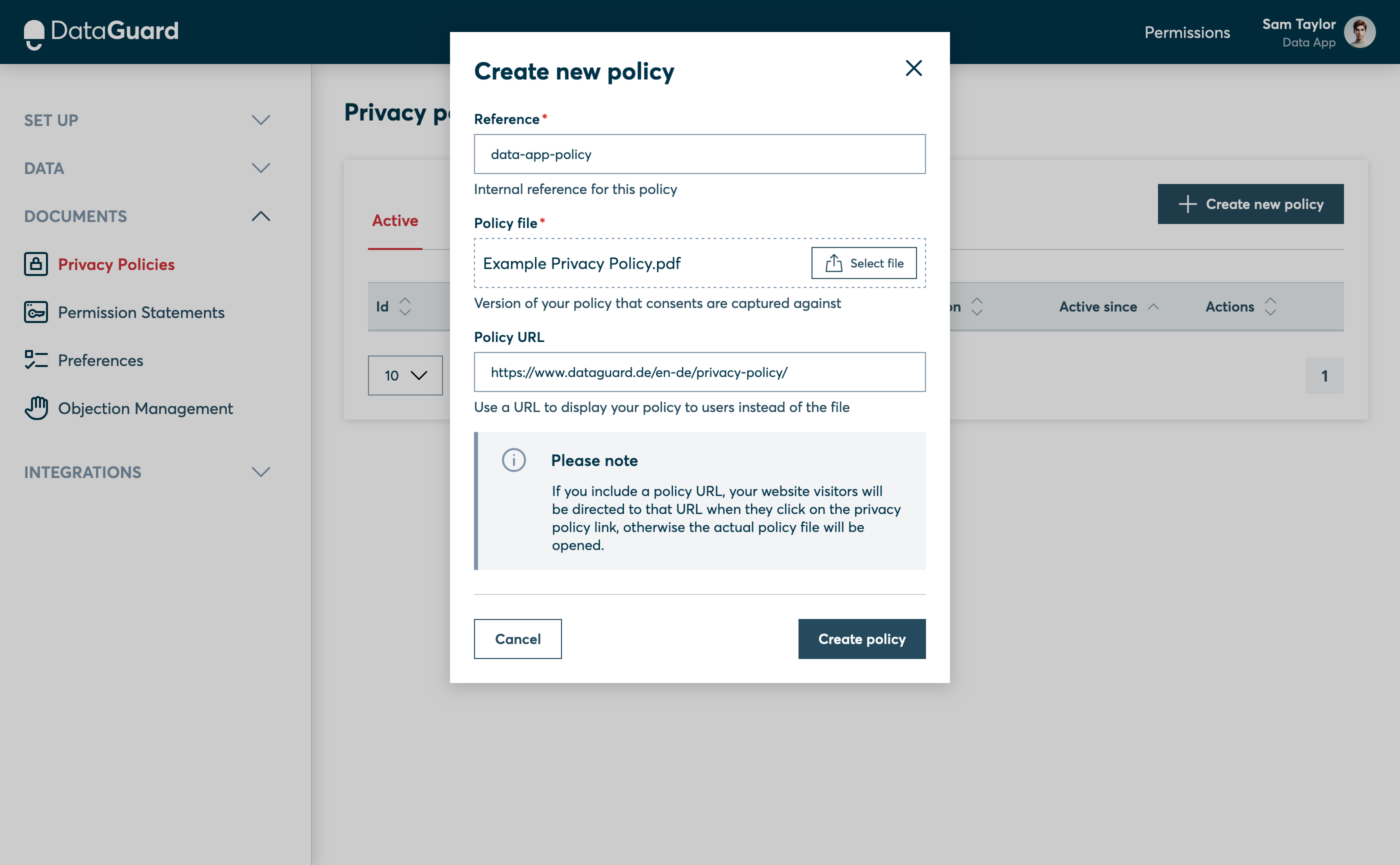 Privacy Policy creation modal with Policy URL entered.