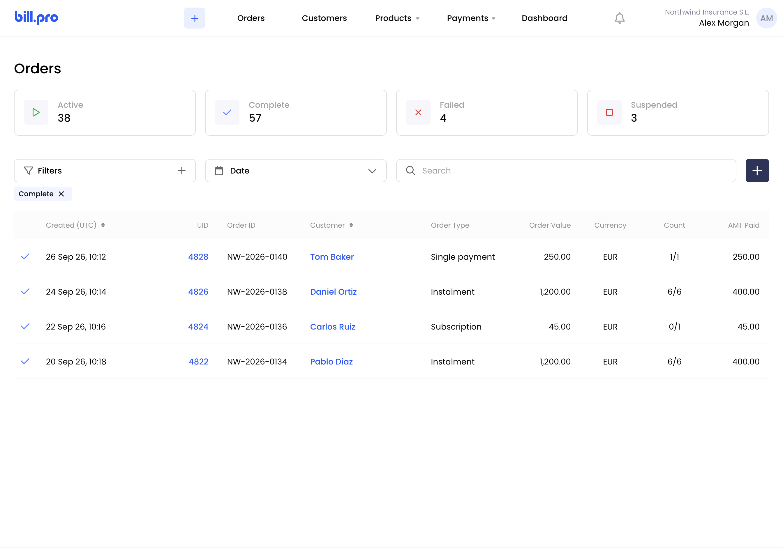 The Orders list filtered to Complete orders