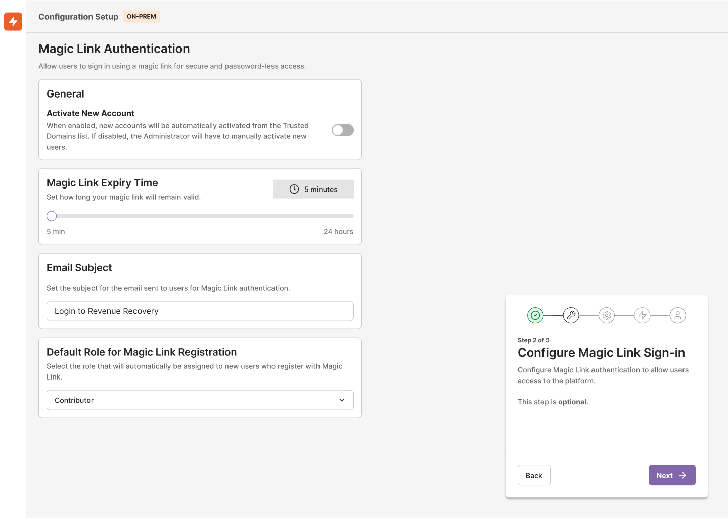 On-Prem Magic Link Settings