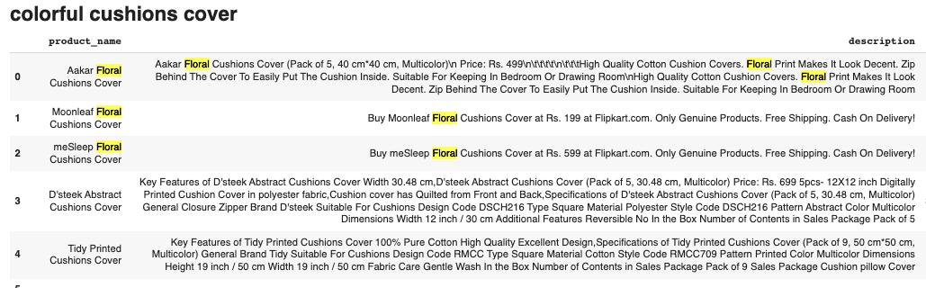 Multi-step chunk search results for query "colorful cushions cover". As can be seen, top results all include "Floral" which is the result of having a vector search step first and a model knowing "colorful" and "floral" are conceptually close.