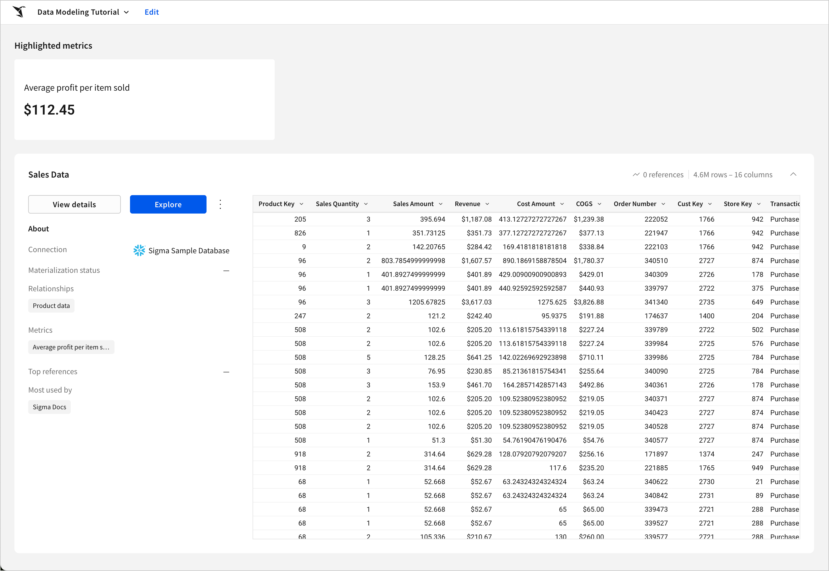 The data model overview page of the data model titled Data Modeling Tutorial, displaying the fact that a column called "Store Json Data" and two dimension tables containing information about customers and products sold have been hidden from the overview page, along with the normal data model overview information including the associated metrics and relationships.