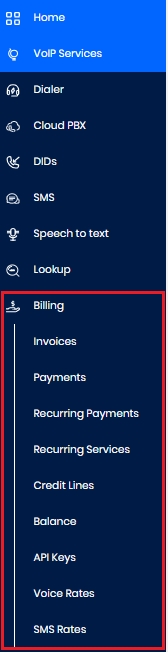 Screenshot of the Billing tab