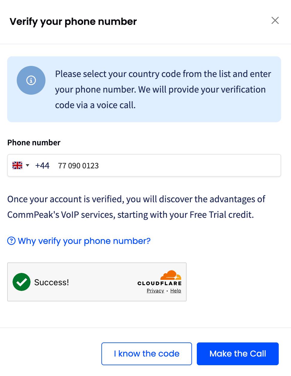 Screeenshot of the phone number verification screen