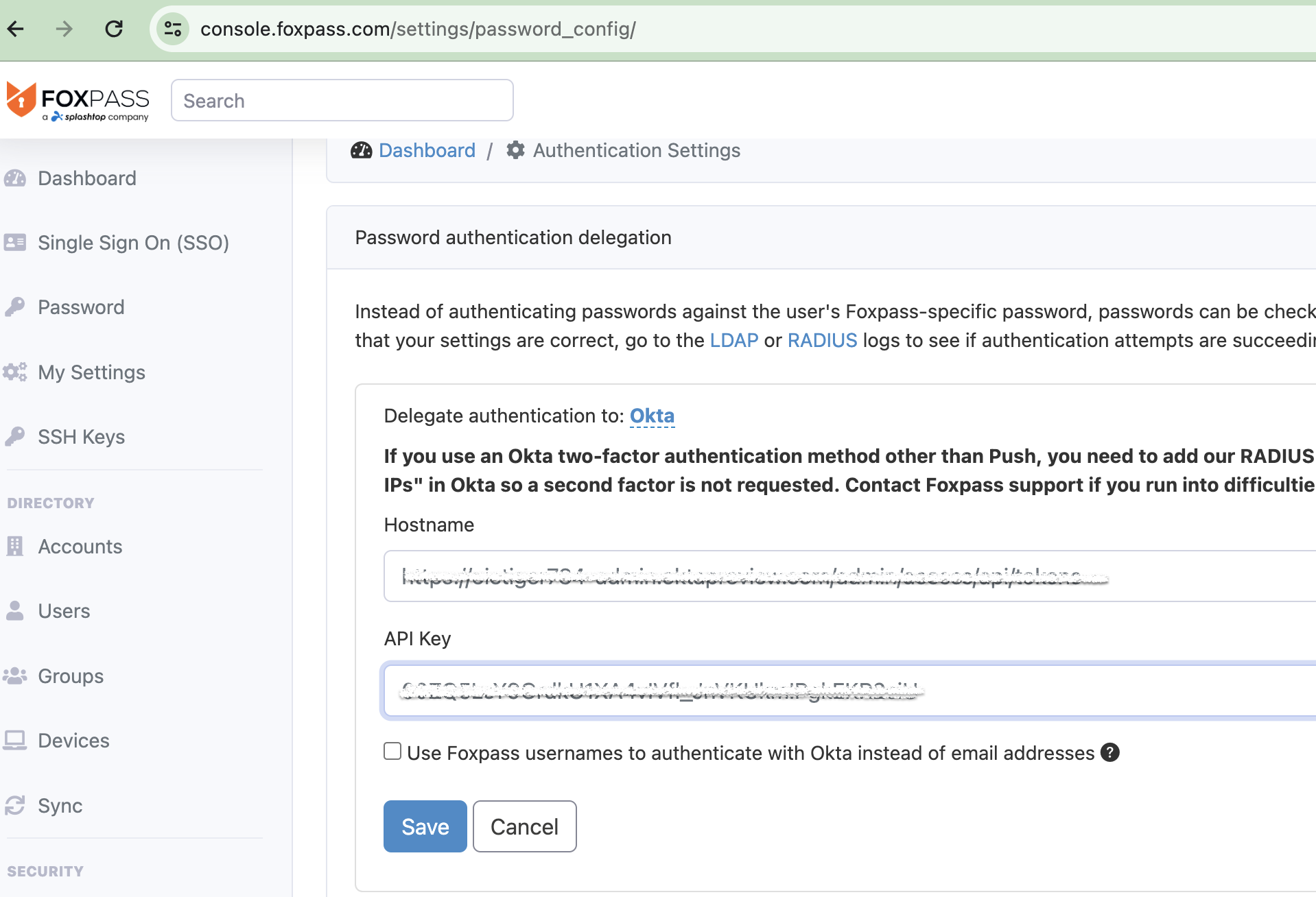 Enter Okta site's Hostname and API Key