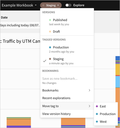 Version menu in the workbook header open and showing available options, including Move tag to and View version history.