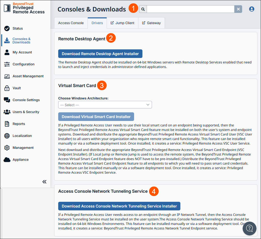 An image of the "Consoles & Downloads" section in the BeyondTrust Privileged Remote Access interface, under the "Drivers" tab. It includes three sections: "Remote Desktop Agent" with a download button and description for use on 64-bit Windows servers; "Virtual Smart Card" with a dropdown to select Windows architecture, a download button, and detailed installation instructions for both user and endpoint systems; and "Access Console Network Connectioning Service" with a download button and explanation for enabling IP Network Connection access.