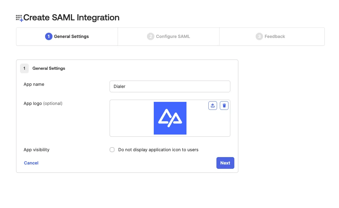 Screenshot of Create SAML Integration page - step 1