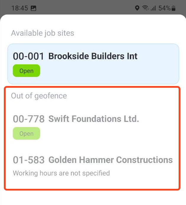 Out of geofence job sites