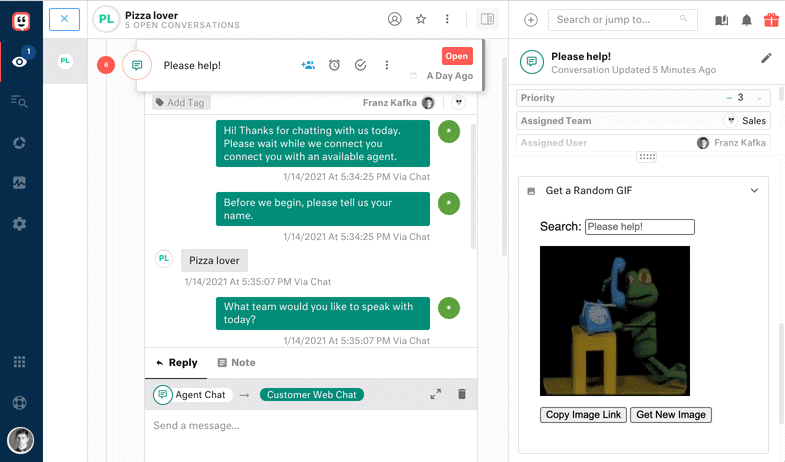 The KView now displays a random GIF based on the subject of the selected conversation.