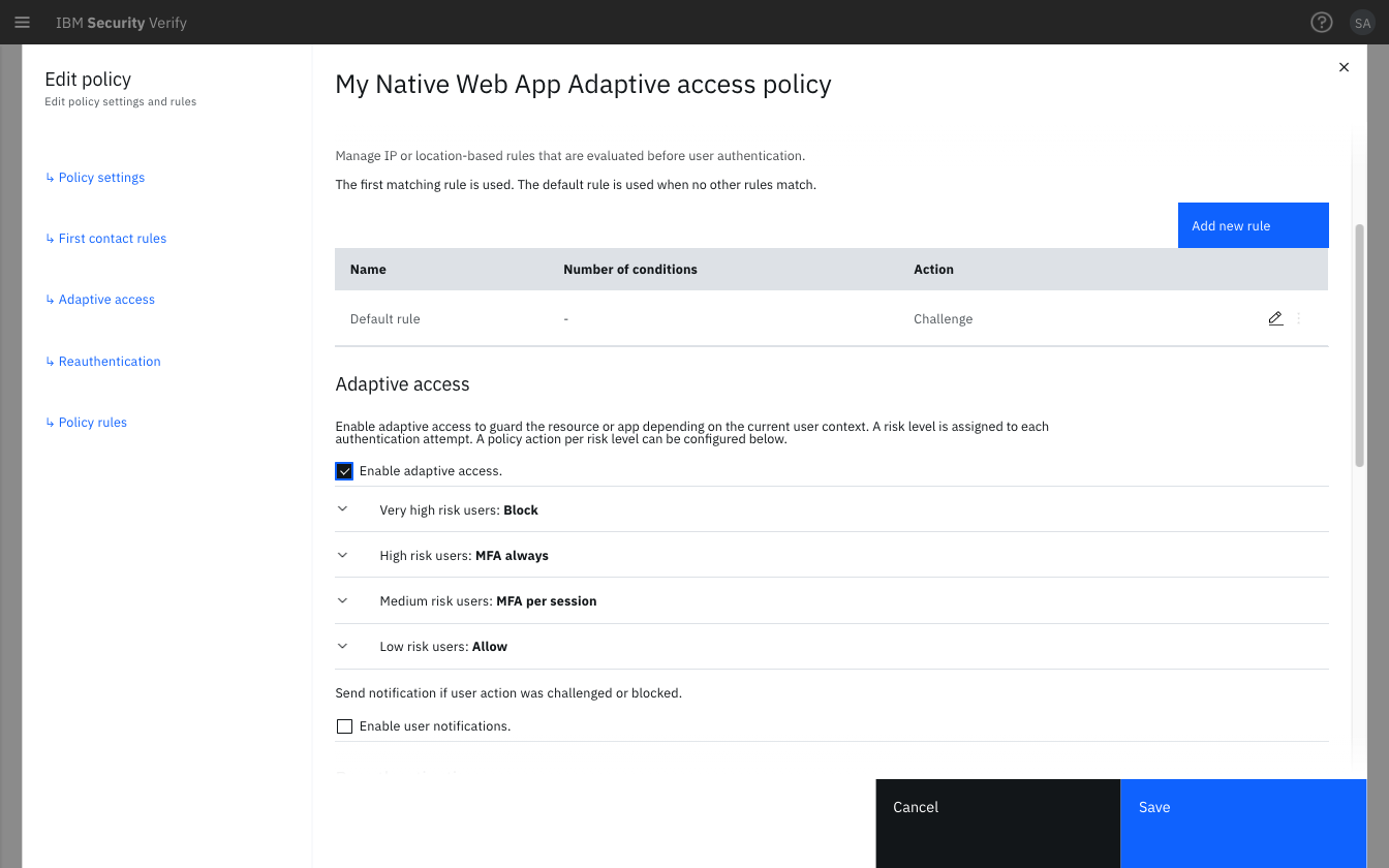 Native Web application Adaptive access policy