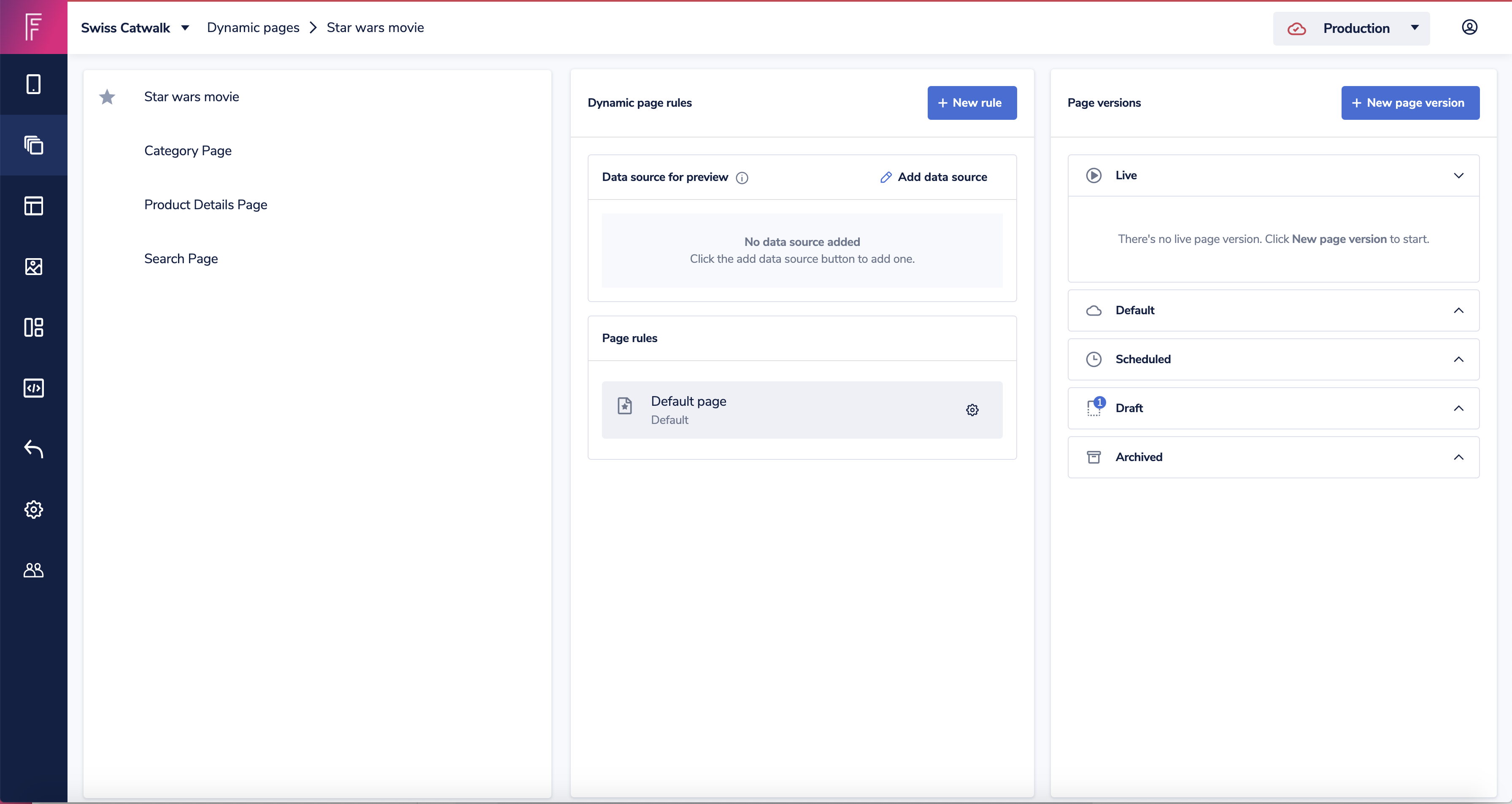 Select the dynamic page to see the rules and versions attached to it.png