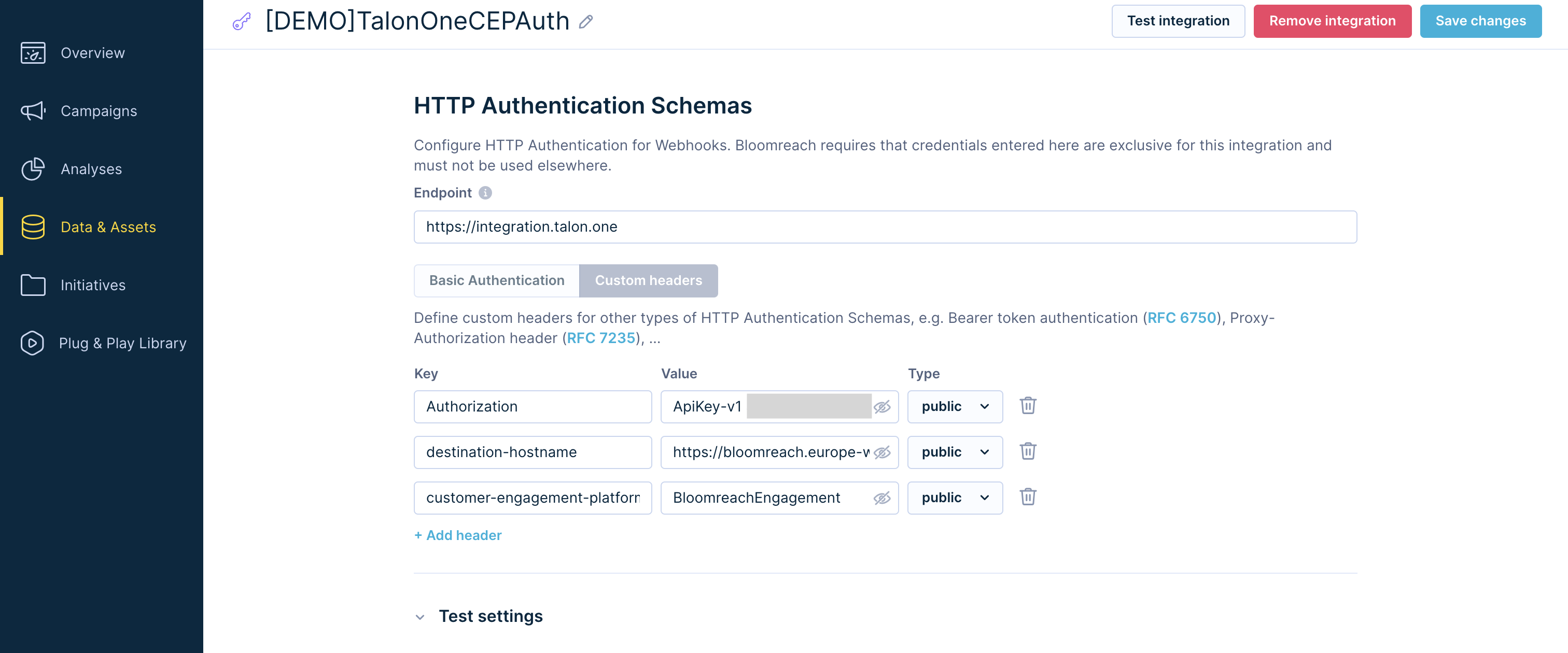HTTP authentication schema for CEP Talon.One
