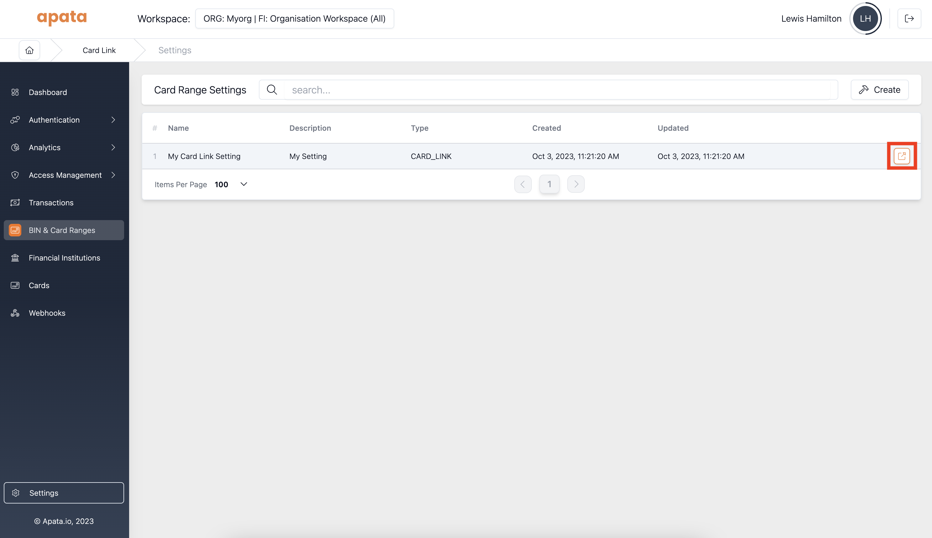 Organisation settings list with link to card link setting highlighted
