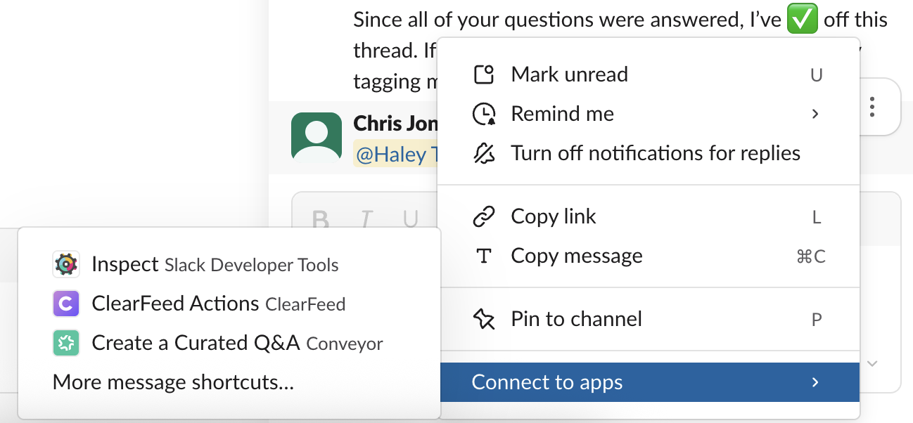 Slack's More actions menu on a message, with 'Create a Curated Q&A' listed under the Conveyor app shortcuts.