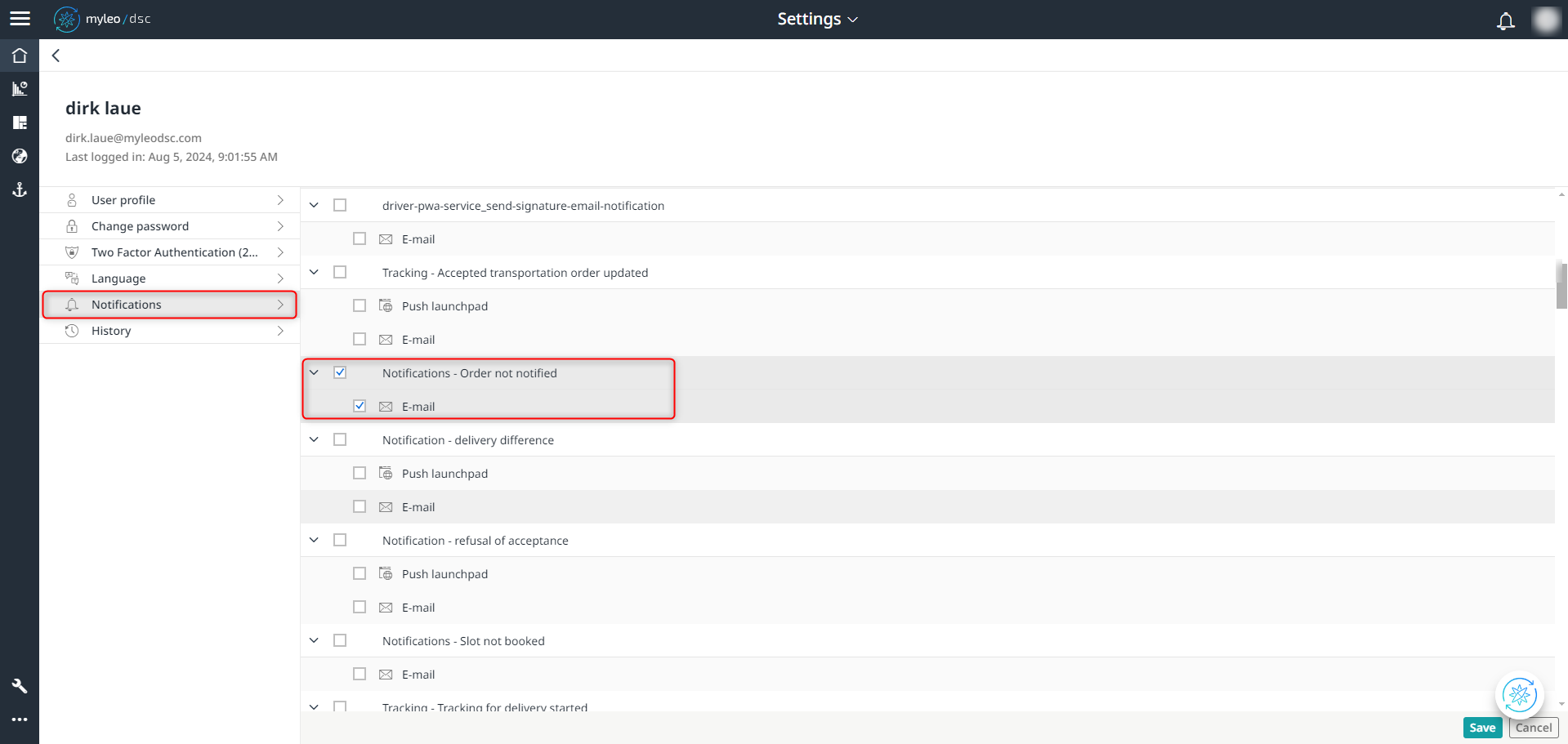 Setting the notification within the settings