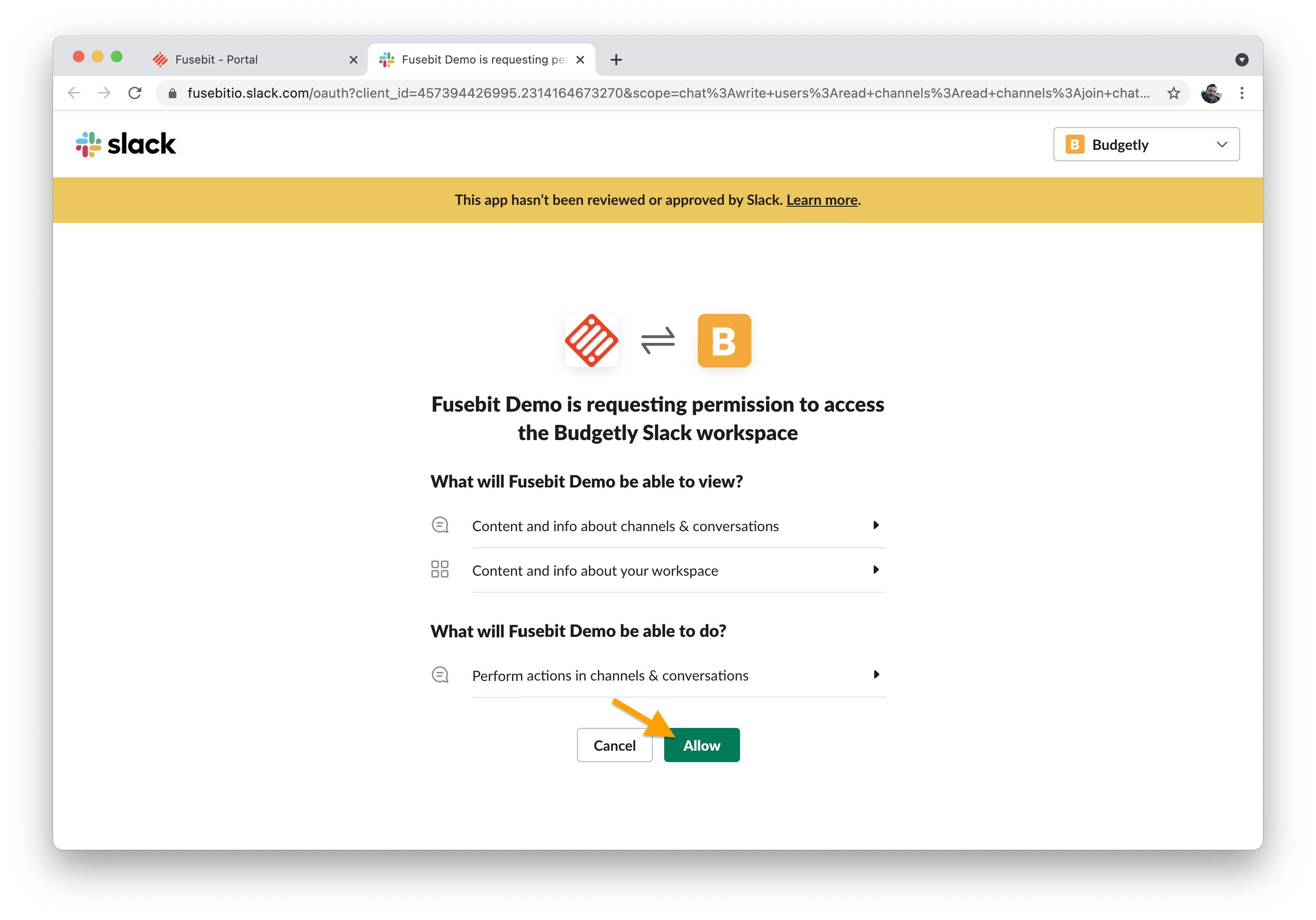Slack authorization screen