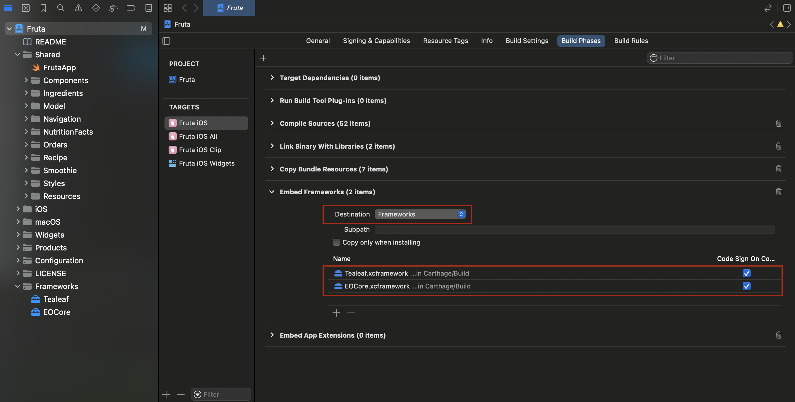 Frameworks in build settings