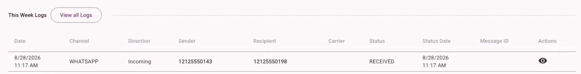 This Week Logs table showing an incoming WhatsApp message with the status RECEIVED