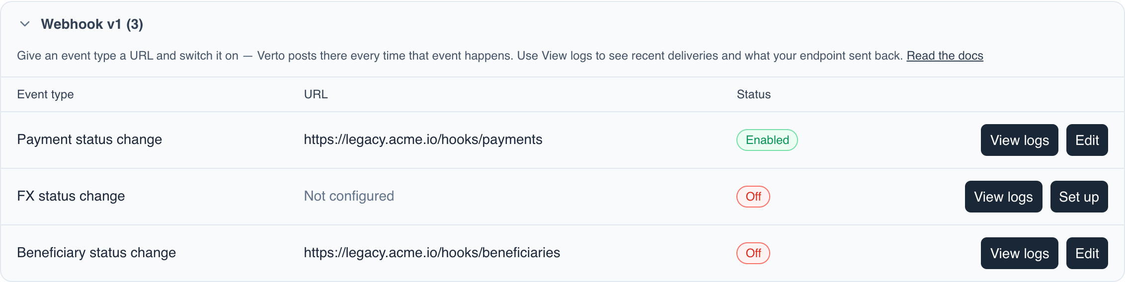 Webhook v1 section