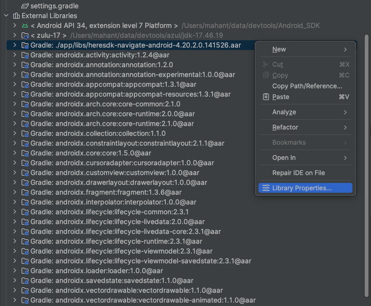 Screenshot showing step 4: Right-click on the HERE SDK AAR file.