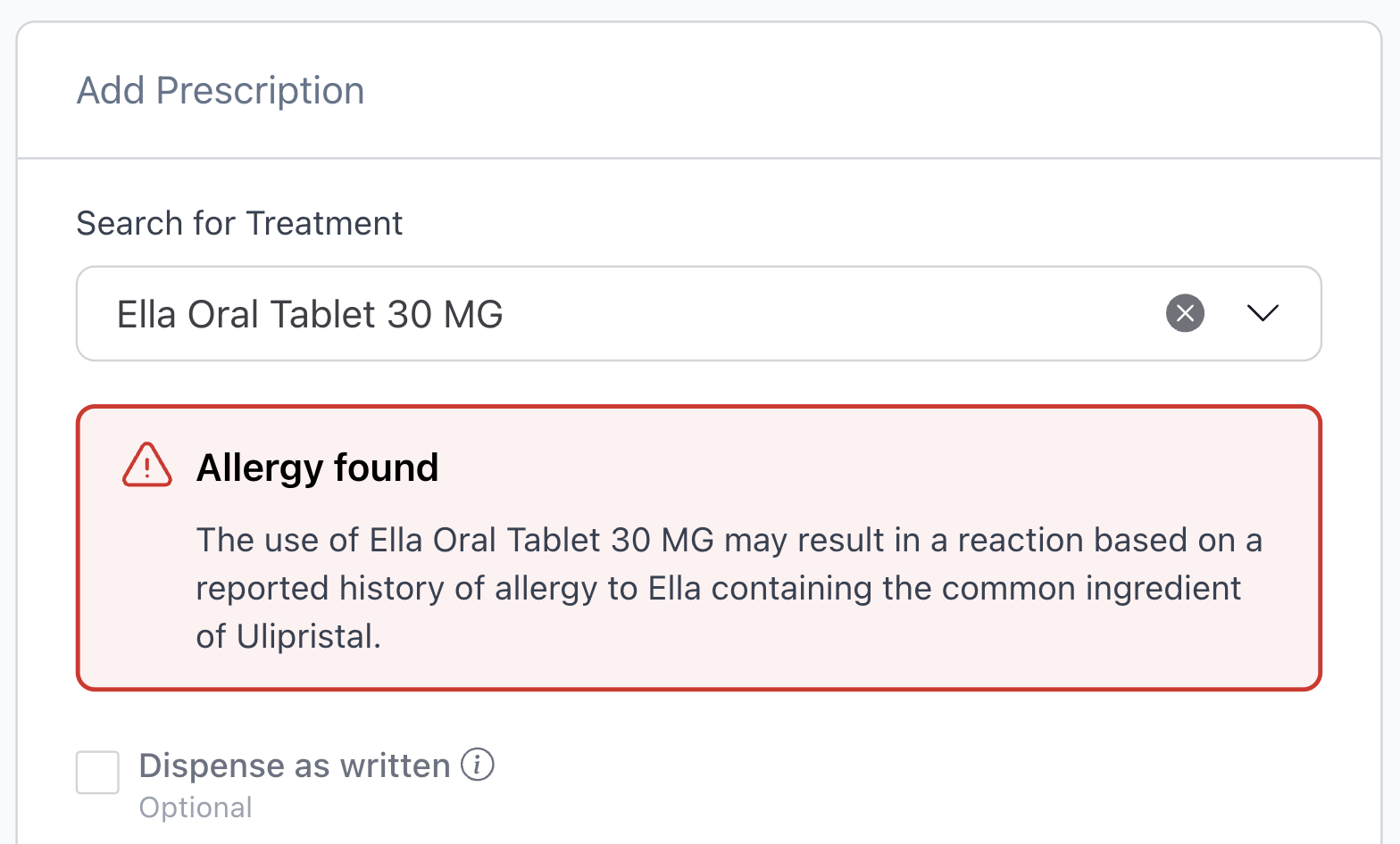 Allergy alert example during the prescribing workflow