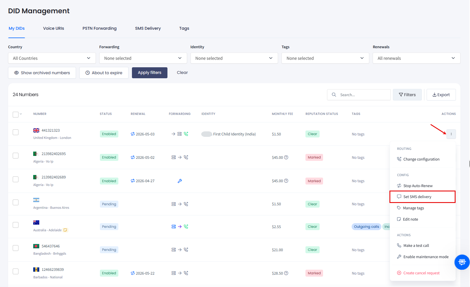Screenshot of the Set SMS delivery action