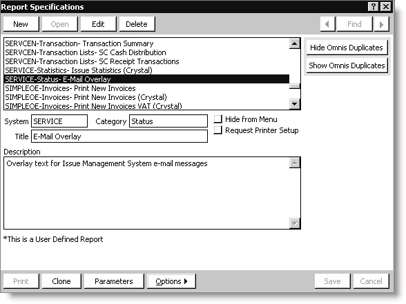 Report Specifications window for E-Mail Overlay report specification