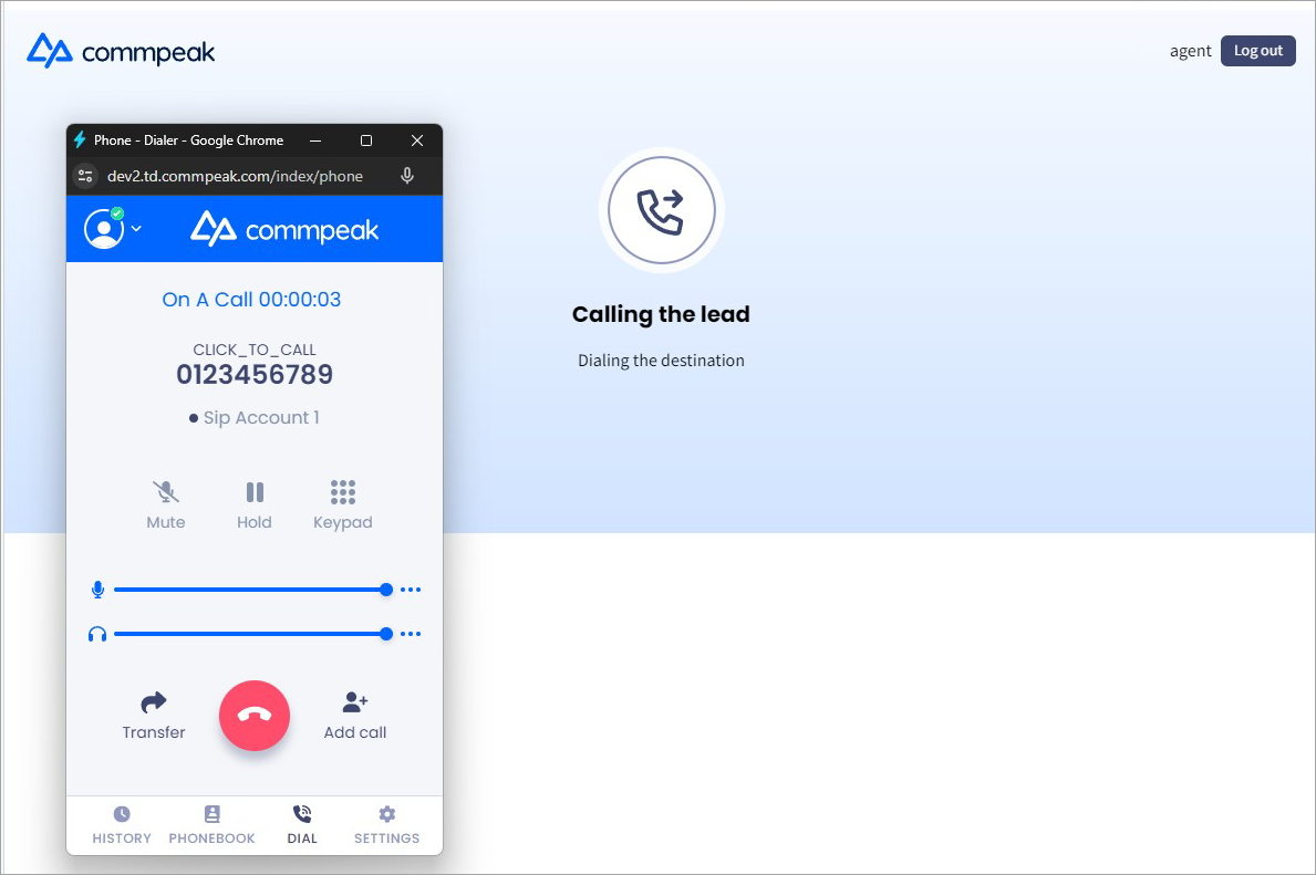 Screenshot with establishing a call with the lead