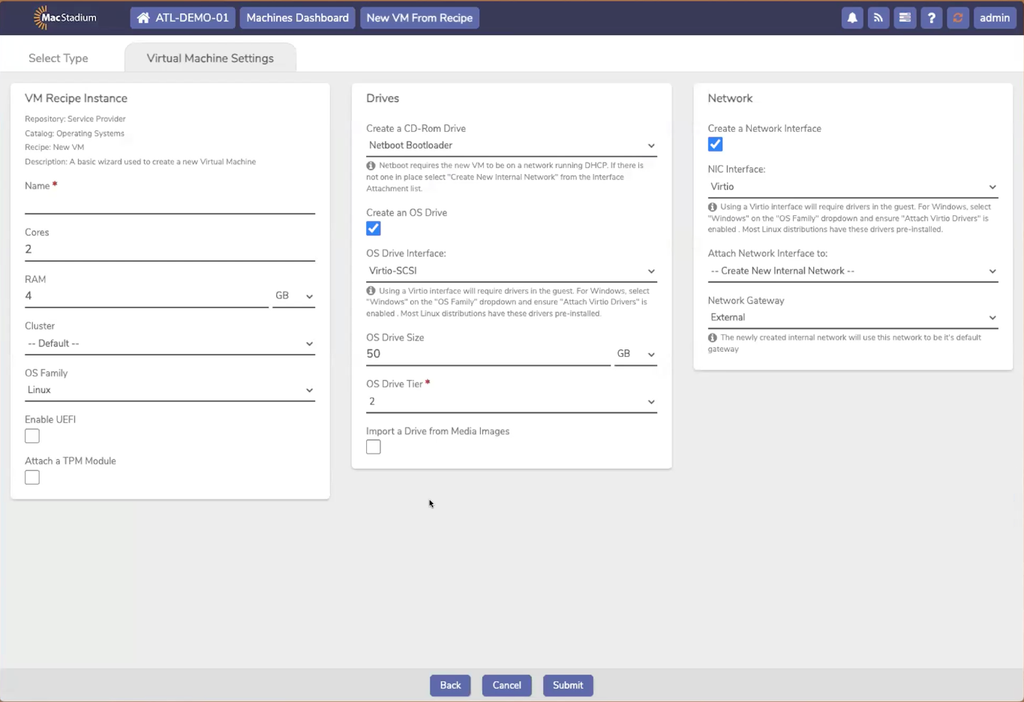 Virtual Machine Settings tab