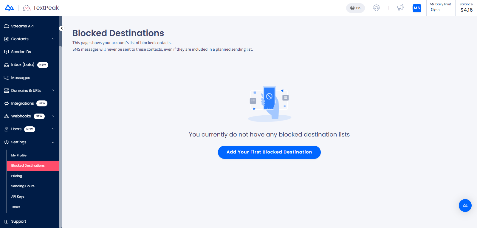 Scrfeenshot of the Blocked Destinations menu tab