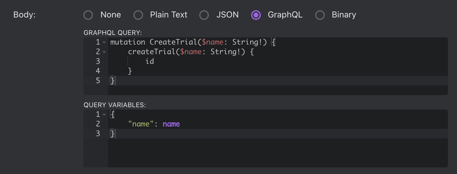 GraphQL example. Query variables are defined in JSON format.