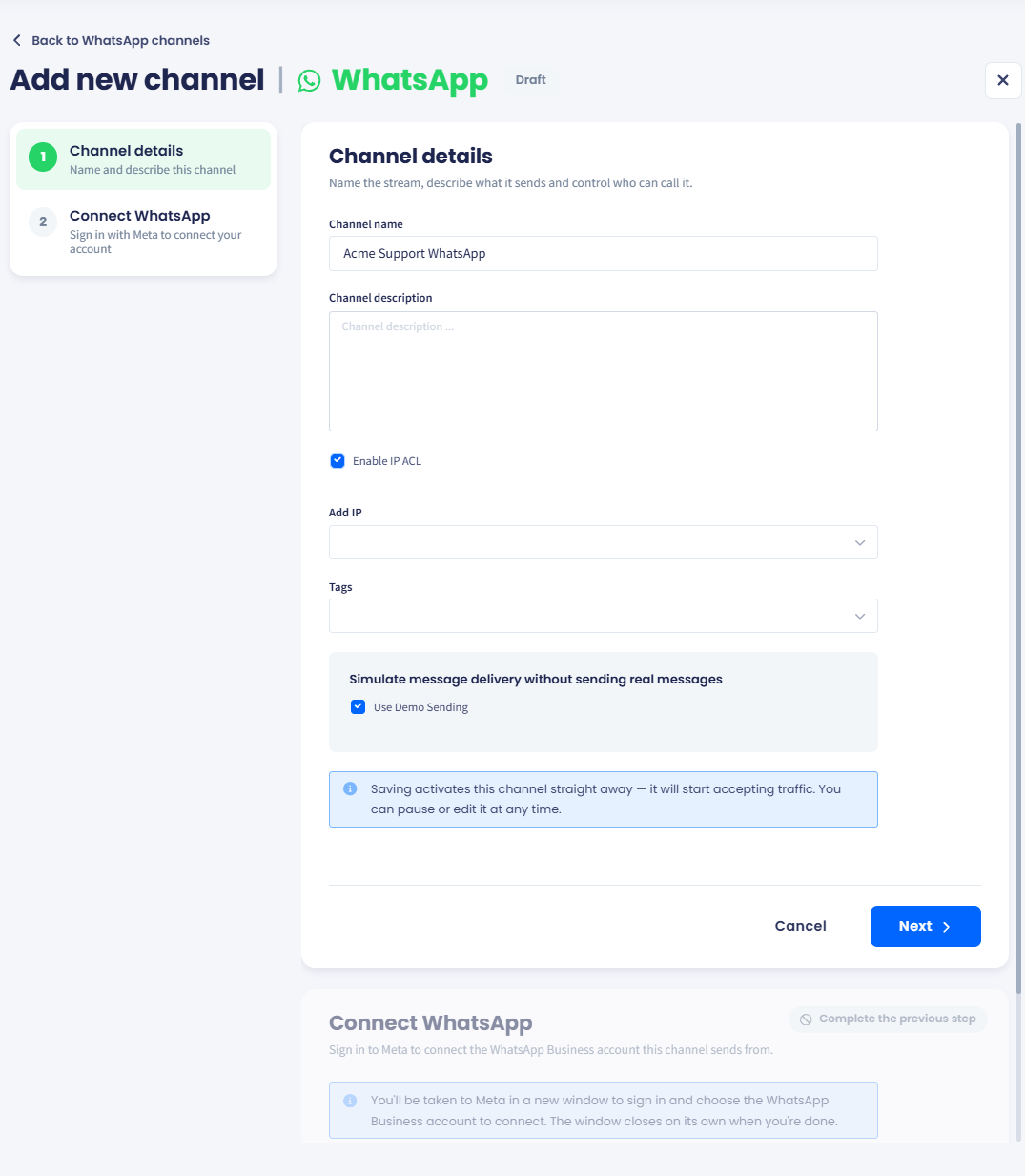Channel details step of the Add new channel form for WhatsApp